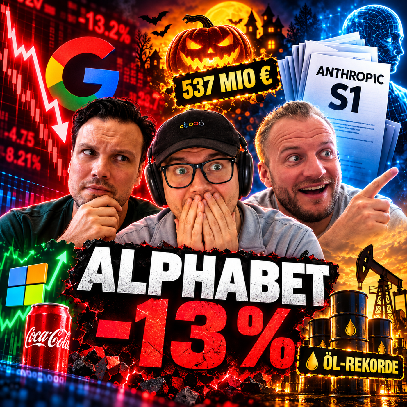 Cover: Alphabet Aktie -13 %! Halloween 537 Mio. €, Anthropic S1, Öl-Rekorde, Microsoft & Coca-Cola | #49