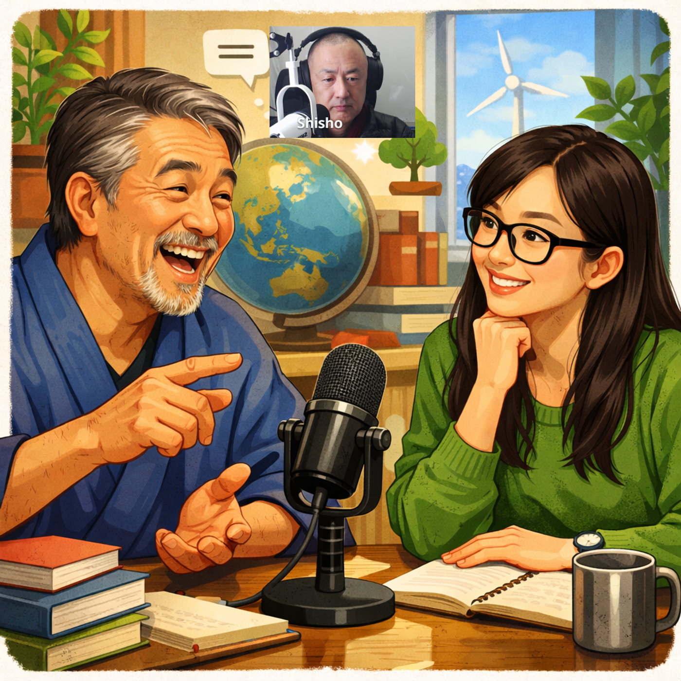 Japanese teacher ＆ Chinese student; Assistant professor researching air pollution episode artwork